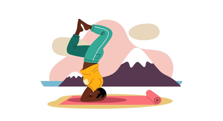Woman doing headstand yoga pose, illustration for wellness website or brochure
