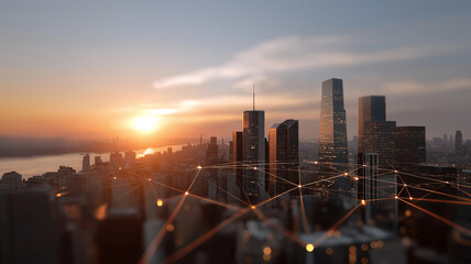 Fototapeta premium An aerial 3D render depicts a sprawling futuristic cyber city at sunset, with an interconnected network of glowing lines overlaying the urban landscape.
