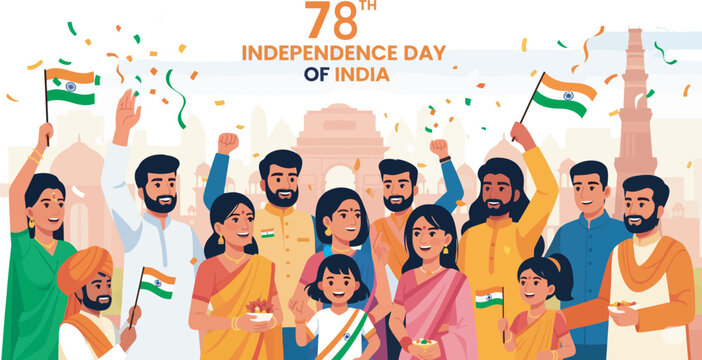 A diverse group of Indians celebrates their country's Independence Day with flags and joy.