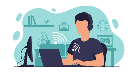 Young man working from home using laptop and desktop computer. Perfect for articles about remote work, technology, or online gaming.