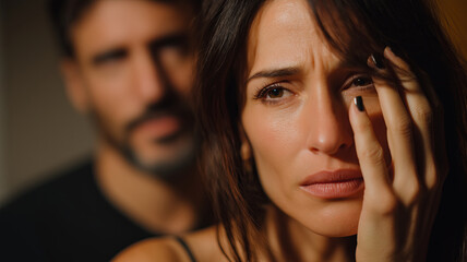 A close-up shows a distraught woman covering part of her face with her hand, her eyes filled with sadness, with a blurred man in the background.