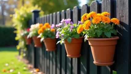 Colorful Hanging Flower Pots on Wooden Fence Surrounded by Green Plants