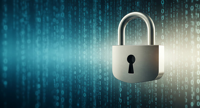 Cybersecurity and data protection concept with padlock icon and binary code background — digital privacy and secure technology