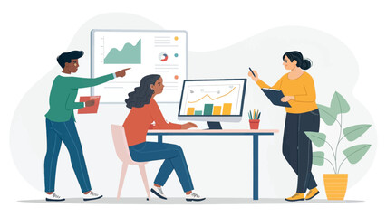 Diverse business team collaborating on data analysis, perfect for website landing pages or presentations.