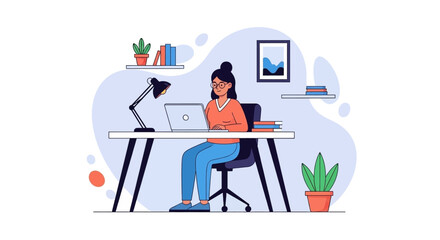 Woman working on laptop at home office, perfect for website banners or blog posts about remote work.