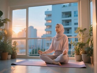 Muslim Woman Meditating on Balcony with Plants in Morning Sunlight