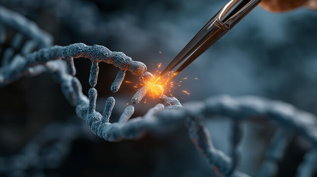 Conceptual image of gene editing, where forceps cut and splice a DNA strand, causing a bright spark, symbolizing genetic modification with CRISPR technology.