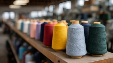 Colorful spools of yarn are neatly arranged on a wooden shelf in a textile mill, with light blue and green spools in the foreground.