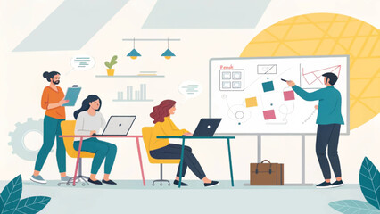 Teamwork, brainstorming, and project planning:  A vibrant illustration perfect for landing pages, presentations, and brochures.