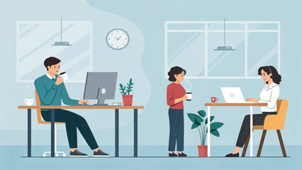 Modern office workers collaborating and enjoying coffee breaks. Ideal for websites, brochures, or presentations on teamwork and productivity.