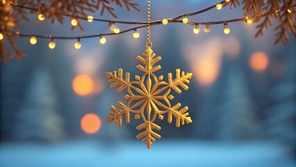 Golden snowflake ornament hangs from a string of warm christmas lights outdoors