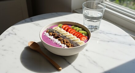colorful smoothie bowl topped with fresh fruits, granola, and chia seeds set on a white marble table