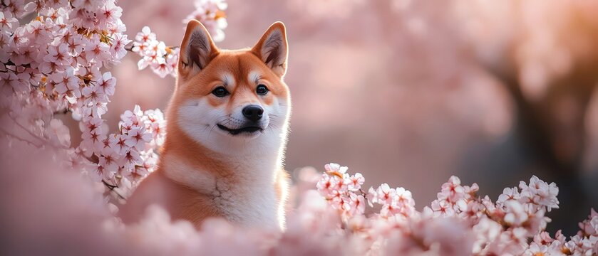 A Shiba Inu dog sits contentedly under blooming cherry blossoms, highlighting the joys of spring