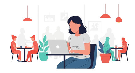 Woman working on laptop in a cafe, perfect for illustrating remote work, freelance, or coffee shop culture.