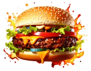 Cartoon burger with exaggerated toppings PNG 
