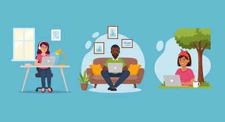 Diverse people working remotely from home and outdoors; perfect for illustrating work-life balance, flexibility, or telecommuting.
