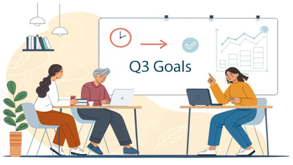 Team brainstorming Q3 goals in a modern office setting. Ideal for presentations, reports, and marketing materials.