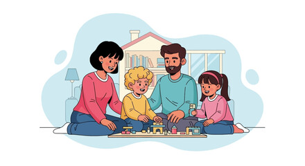 Happy family playing together at home, perfect for family blogs, parenting websites, or children's product advertising.