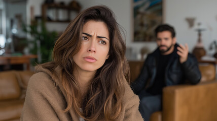 A woman with long hair sits on a couch, looking away with a pained expression while a man is out of focus in the background.