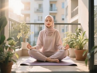 Muslim Woman Meditating on Balcony with Plants in Morning Sunlight