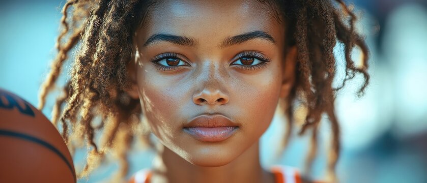 A young female basketball player intensely focused on the game, poised to make a strategic move on the court