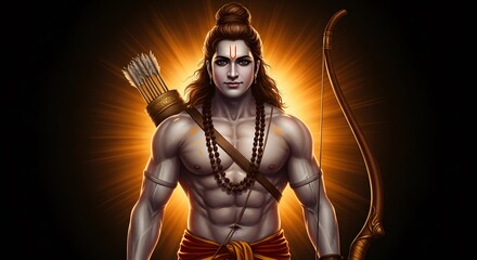 Lord rama, the divine hindu god and hero of the ramayana, depicted as a powerful warrior with a bow and quiver, embodying strength, courage, and righteousness in this vibrant digital illustration