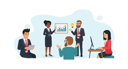 Diverse business team brainstorming, presenting data and working on a project. Ideal for website landing pages, presentations, and brochures.