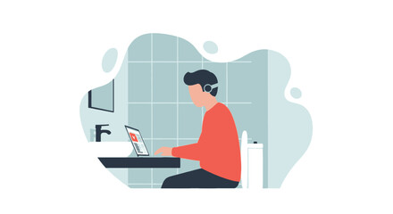 Man working on laptop in bathroom, perfect for articles on remote work, work-life balance, or modern lifestyle.