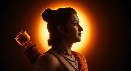 Portrait of lord rama, a hindu deity and hero of the ramayana, depicted as a divine warrior with a bow and quiver, illuminated by a radiant golden aura