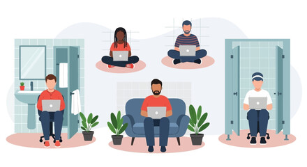 Illustration of diverse people working remotely from unusual locations, perfect for articles on remote work or work-life balance.