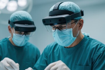 Medical Professionals in Surgical Suite with AR: A modern surgical suite comes to life as skilled medical professionals utilize advanced augmented reality (AR) technology.