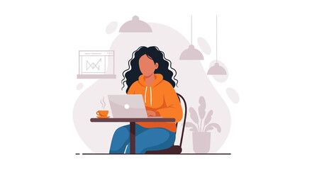 Woman working on laptop in cafe, perfect for websites and marketing materials about remote work, freelance, or coffee shop culture.