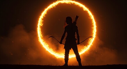 A female warrior archer stands silhouetted against a glowing fiery portal, holding a bow and arrow, ready for an epic fantasy adventure