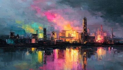 Nightfall industrial cityscape reflection, water, pollution, fiery sunset, environmental impact poster