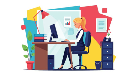 Young businesswoman working on computer in modern office. Perfect for websites, presentations, and business brochures.
