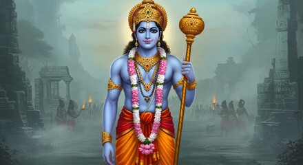 Lord rama, an avatar of vishnu, depicted with blue skin, holding a mace, adorned in traditional indian attire and jewelry, standing in a spiritual setting with ancient architecture in the background