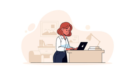 Woman working on laptop at standing desk, perfect for website banners or productivity articles.