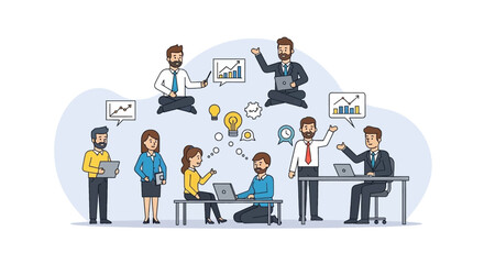 Diverse business team collaborating on a project, brainstorming ideas and analyzing data. Ideal for presentations, reports, and websites.