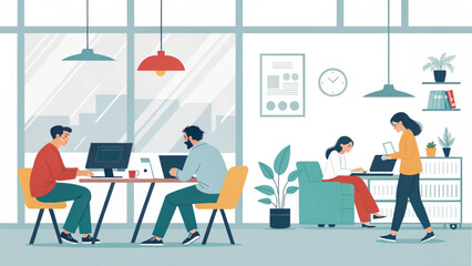 Modern co-working space illustration, perfect for websites, brochures, and presentations.