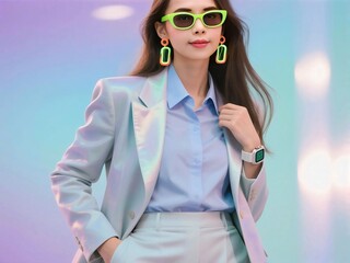 Retro style businesswoman with neon accessories on holographic backdrop