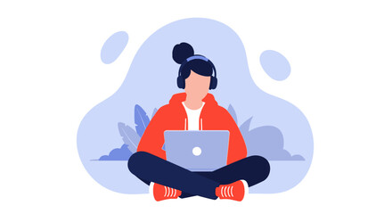 Young woman working on laptop, wearing headphones, sitting cross-legged. Perfect for blogs, websites, or app interfaces.