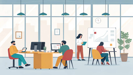 Modern office workers collaborating on a project, perfect for illustrating teamwork and productivity in business brochures or websites.