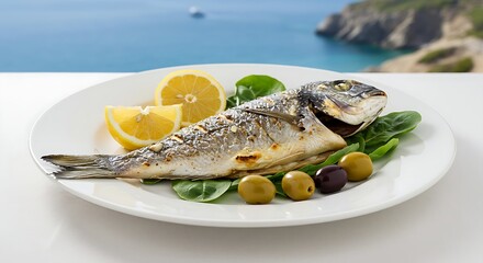 A clean Mediterranean-inspired meal with grilled fish, lemon wedges, olives, and leafy greens served on white ceramic plates
