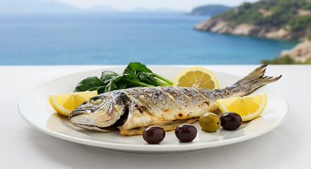 A clean Mediterranean-inspired meal with grilled fish, lemon wedges, olives, and leafy greens served on white ceramic plates