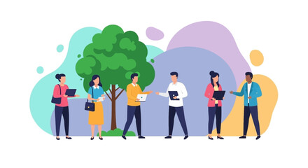 Diverse business team collaborating outdoors, perfect for websites, presentations, and marketing materials.