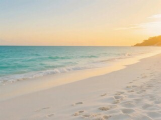 Footprints on Tropical Beach at Sunset with Golden Sky and Calm Ocean