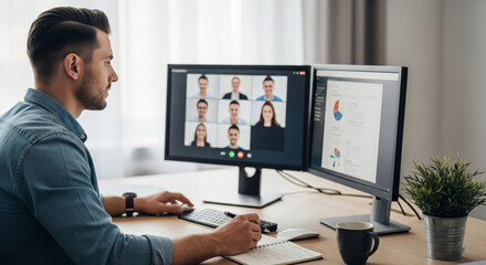 Professional businessman participates in a virtual team meeting, collaborating online from his modern workspace.