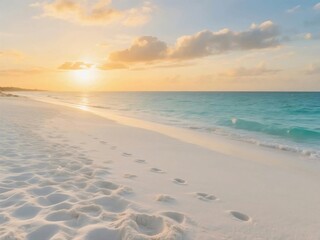 Footprints on Tropical Beach at Sunset with Golden Sky and Calm Ocean
