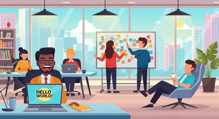 Diverse team collaborating in a modern office, perfect for website banners or business brochures.