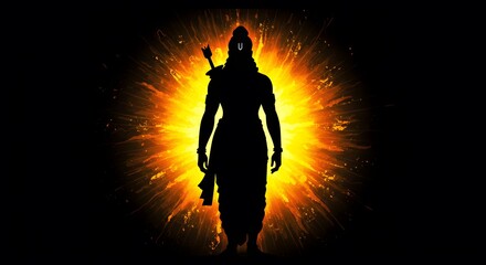 A powerful warrior silhouette stands against a radiant, fiery aura, embodying strength, mythology, and epic fantasy with a dramatic and intense presence